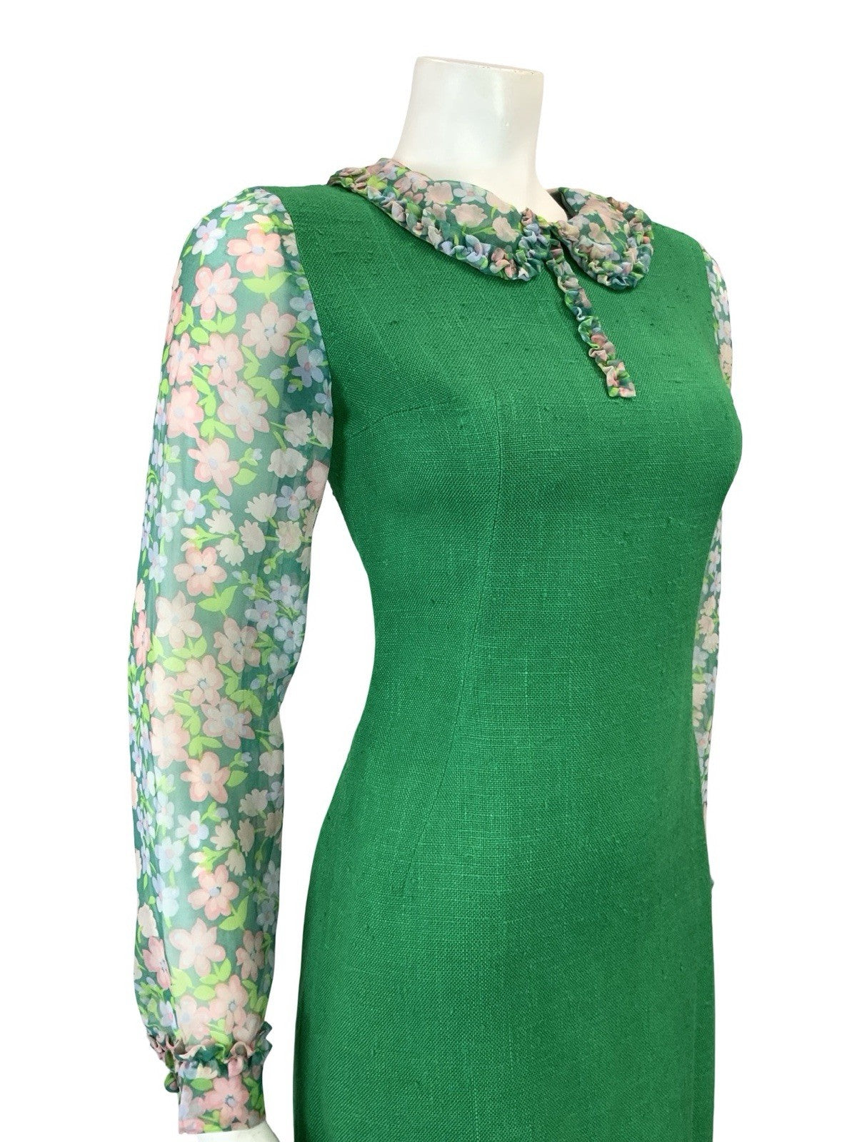 VTG 60S GREEN PINK PURPLE MOD FLORAL MESH RUFFLE PETER PAN COLLAR PENCIL DRESS 6