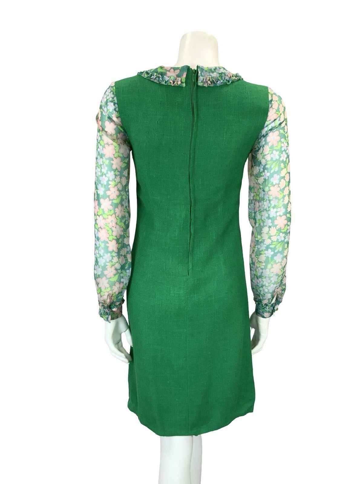 VTG 60S GREEN PINK PURPLE MOD FLORAL MESH RUFFLE PETER PAN COLLAR PENCIL DRESS 6