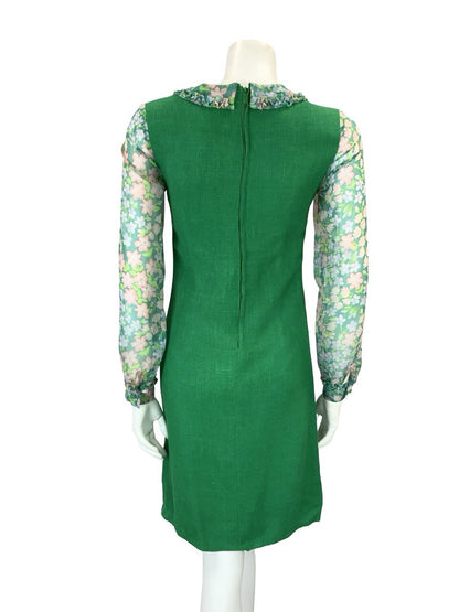 VTG 60S GREEN PINK PURPLE MOD FLORAL MESH RUFFLE PETER PAN COLLAR PENCIL DRESS 6