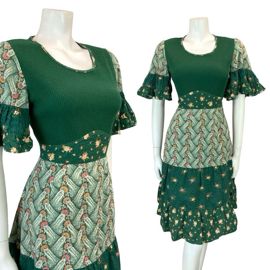 VTG 60S 70S GREEN PINK BEIGE FLORAL TIERED FLARE SLEEVE KNIT TIE WAIST DRESS 10