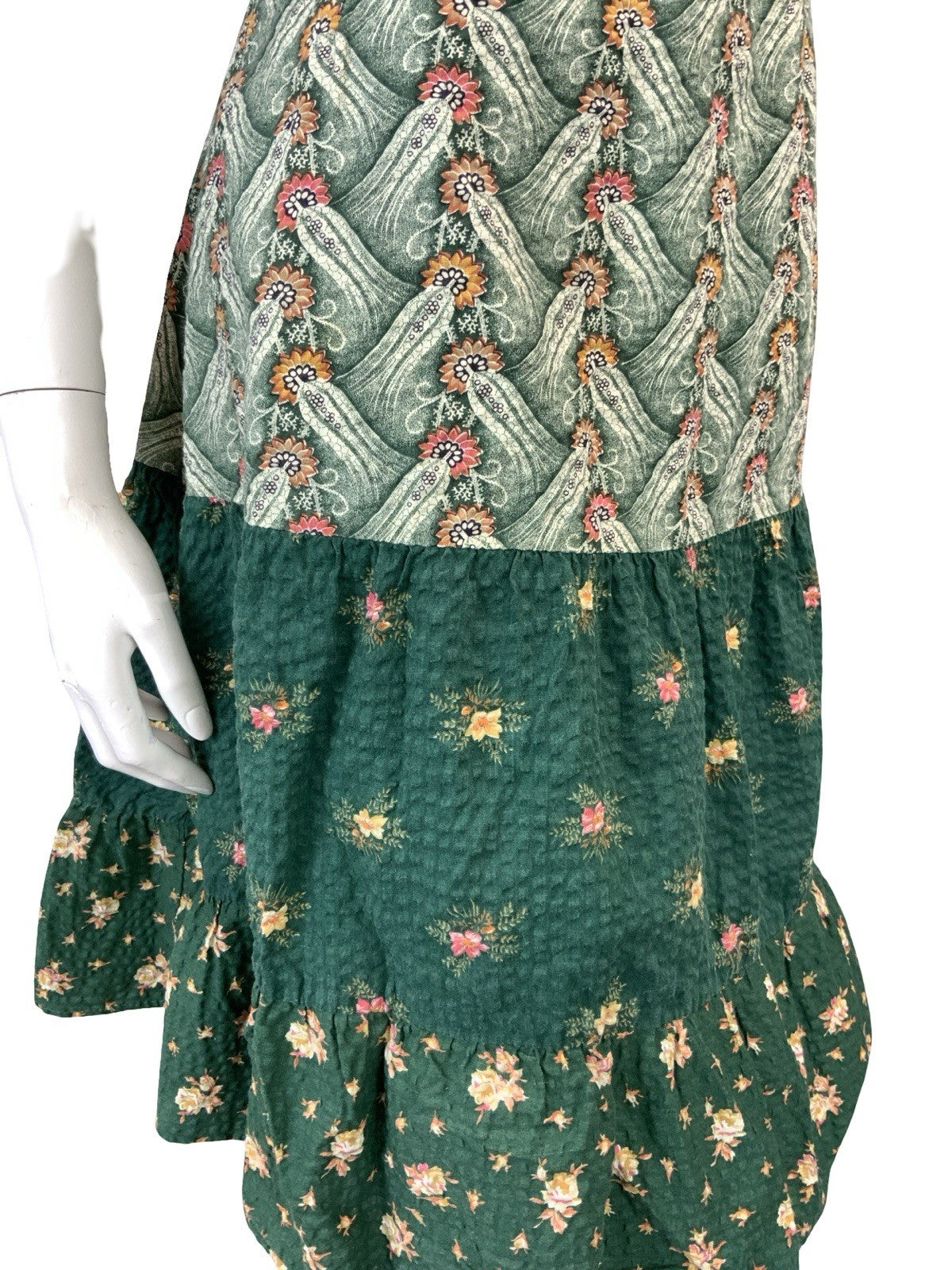 VTG 60S 70S GREEN PINK BEIGE FLORAL TIERED FLARE SLEEVE KNIT TIE WAIST DRESS 10
