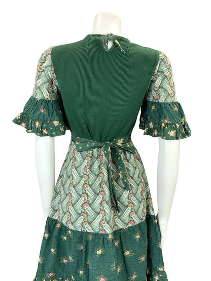 VTG 60S 70S GREEN PINK BEIGE FLORAL TIERED FLARE SLEEVE KNIT TIE WAIST DRESS 10