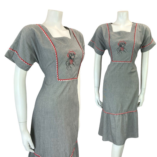 VTG 60S 70S BLACK WHITE HOUNDSTOOTH PRAIRIE COTTAGE ART DECO WOMAN MIDI DRESS 10