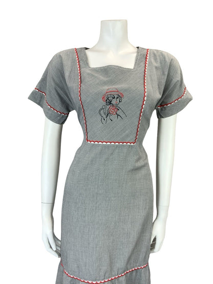 VTG 60S 70S BLACK WHITE HOUNDSTOOTH PRAIRIE COTTAGE ART DECO WOMAN MIDI DRESS 10