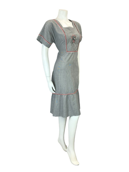 VTG 60S 70S BLACK WHITE HOUNDSTOOTH PRAIRIE COTTAGE ART DECO WOMAN MIDI DRESS 10