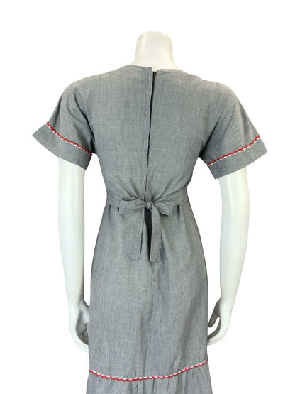 VTG 60S 70S BLACK WHITE HOUNDSTOOTH PRAIRIE COTTAGE ART DECO WOMAN MIDI DRESS 10