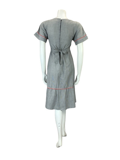 VTG 60S 70S BLACK WHITE HOUNDSTOOTH PRAIRIE COTTAGE ART DECO WOMAN MIDI DRESS 10