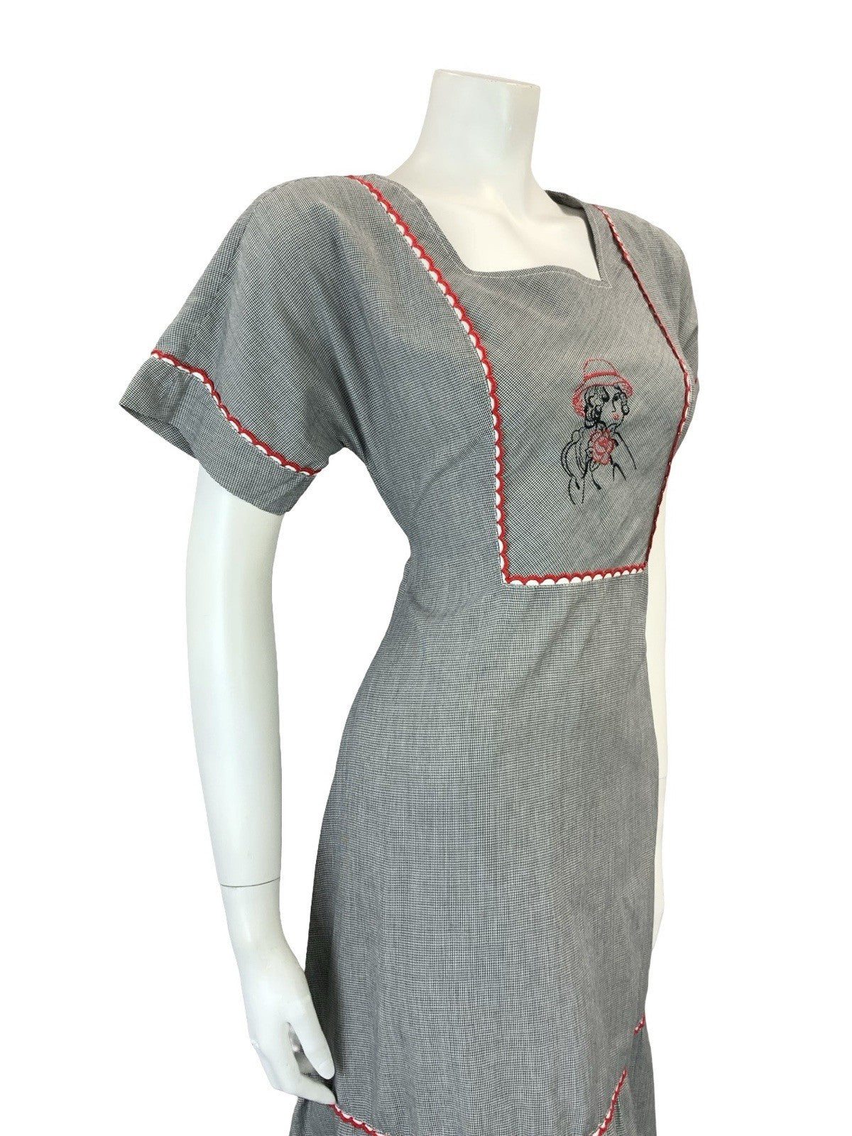 VTG 60S 70S BLACK WHITE HOUNDSTOOTH PRAIRIE COTTAGE ART DECO WOMAN MIDI DRESS 10