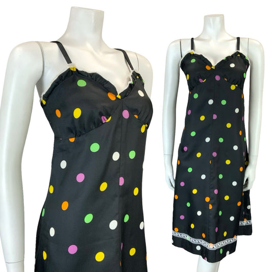 VTG 60S 70S BLACK PINK GREEN YELLOW WHITE POLKA DOT LACE STRAPPY MIDI DRESS 8 10