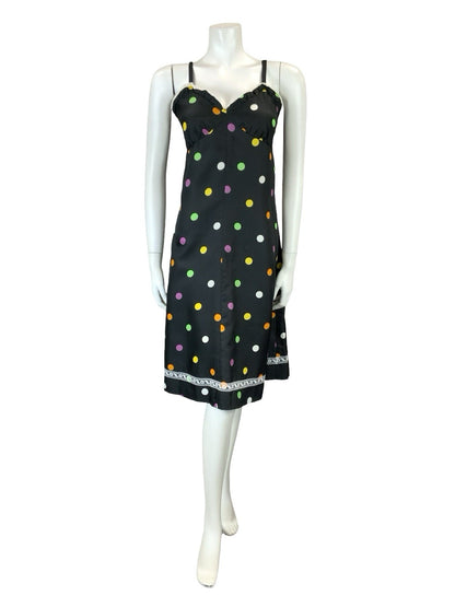 VTG 60S 70S BLACK PINK GREEN YELLOW WHITE POLKA DOT LACE STRAPPY MIDI DRESS 8 10
