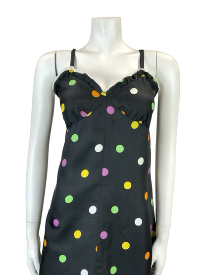 VTG 60S 70S BLACK PINK GREEN YELLOW WHITE POLKA DOT LACE STRAPPY MIDI DRESS 8 10