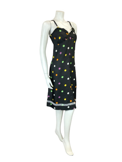 VTG 60S 70S BLACK PINK GREEN YELLOW WHITE POLKA DOT LACE STRAPPY MIDI DRESS 8 10