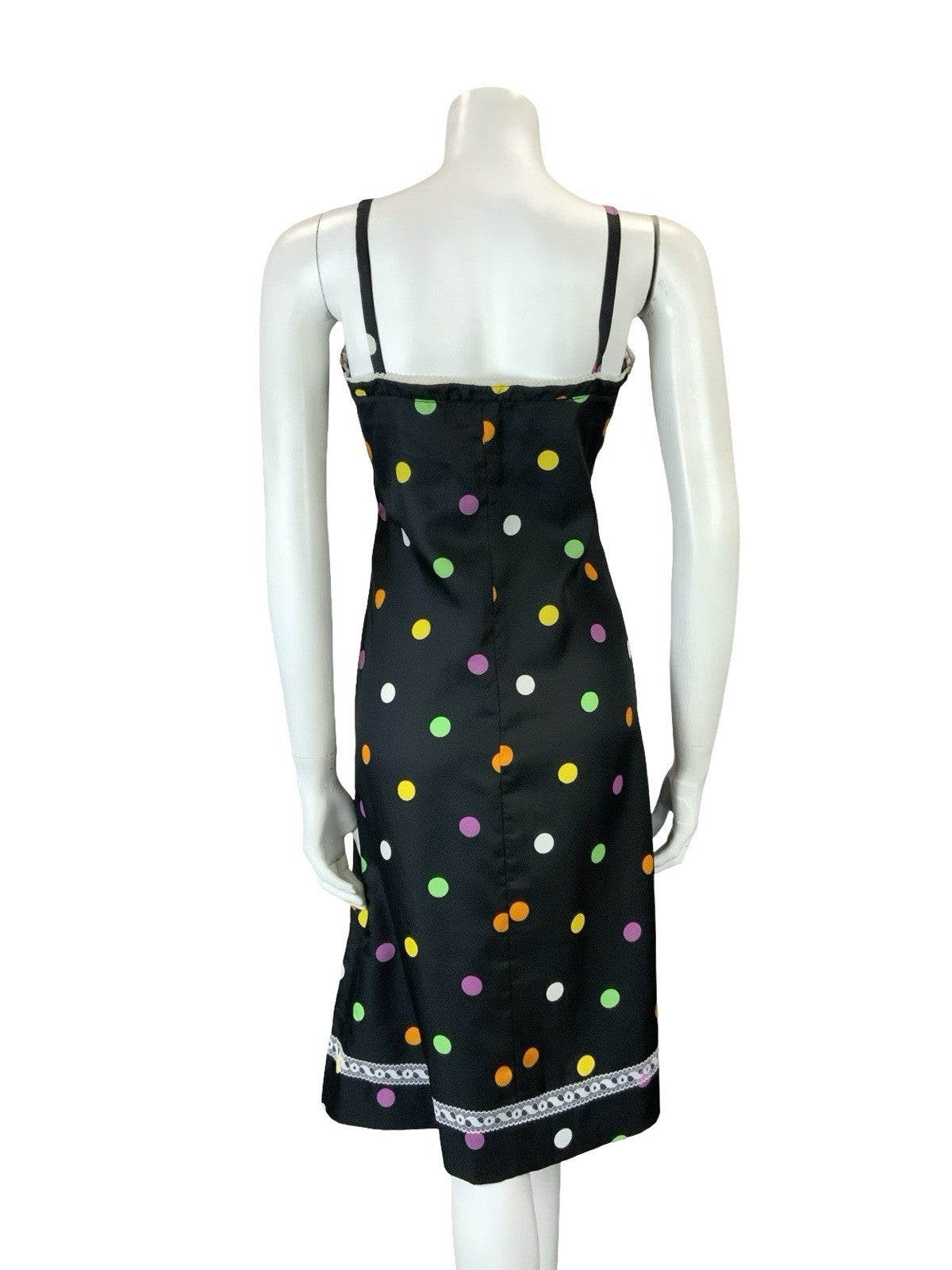 VTG 60S 70S BLACK PINK GREEN YELLOW WHITE POLKA DOT LACE STRAPPY MIDI DRESS 8 10