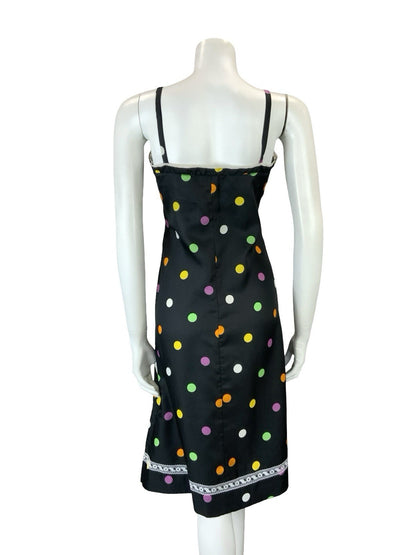 VTG 60S 70S BLACK PINK GREEN YELLOW WHITE POLKA DOT LACE STRAPPY MIDI DRESS 8 10