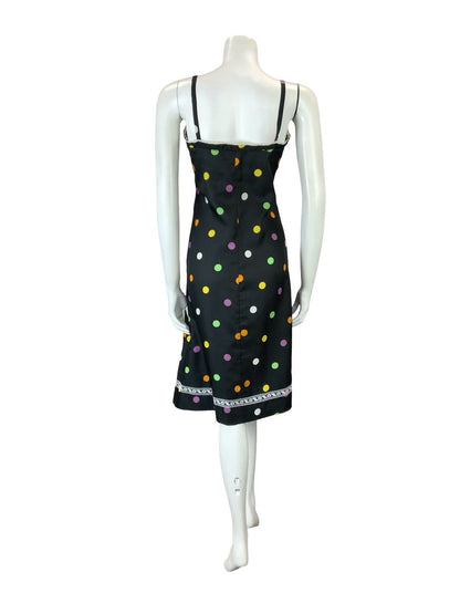 VTG 60S 70S BLACK PINK GREEN YELLOW WHITE POLKA DOT LACE STRAPPY MIDI DRESS 8 10