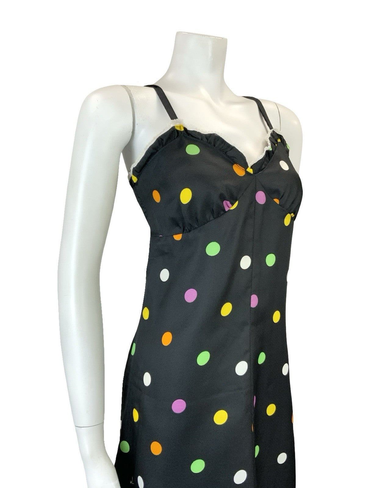 VTG 60S 70S BLACK PINK GREEN YELLOW WHITE POLKA DOT LACE STRAPPY MIDI DRESS 8 10