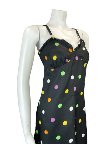VTG 60S 70S BLACK PINK GREEN YELLOW WHITE POLKA DOT LACE STRAPPY MIDI DRESS 8 10