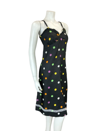 VTG 60S 70S BLACK PINK GREEN YELLOW WHITE POLKA DOT LACE STRAPPY MIDI DRESS 8 10