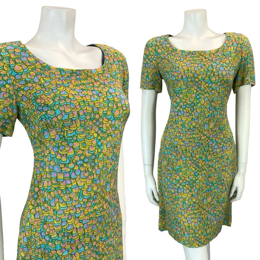 VTG 60S BLUE PINK YELLOW PSYCHEDELIC SCALES DOTTY SCOOP NECK MOD MINI DRESS 8