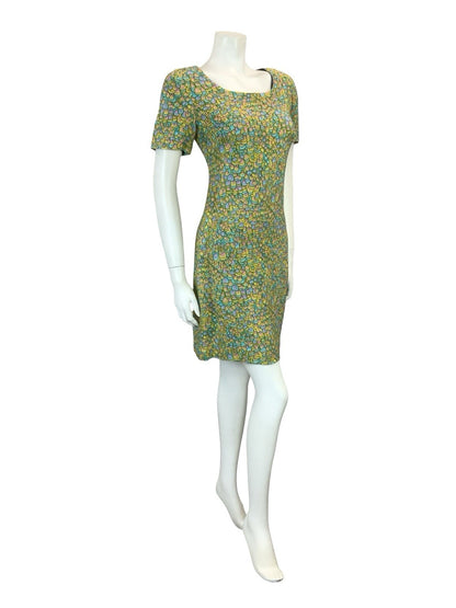 VTG 60S BLUE PINK YELLOW PSYCHEDELIC SCALES DOTTY SCOOP NECK MOD MINI DRESS 8
