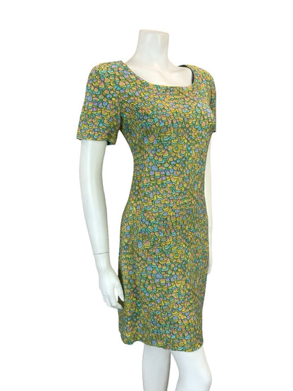 VTG 60S BLUE PINK YELLOW PSYCHEDELIC SCALES DOTTY SCOOP NECK MOD MINI DRESS 8