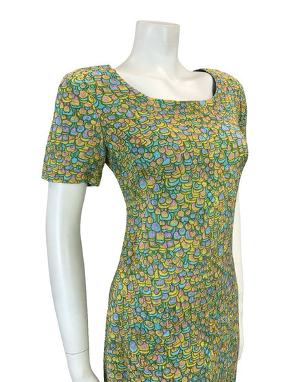 VTG 60S BLUE PINK YELLOW PSYCHEDELIC SCALES DOTTY SCOOP NECK MOD MINI DRESS 8