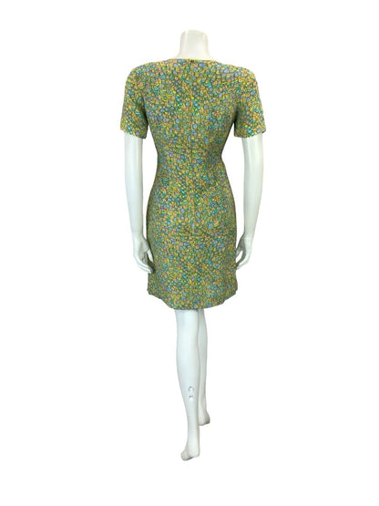 VTG 60S BLUE PINK YELLOW PSYCHEDELIC SCALES DOTTY SCOOP NECK MOD MINI DRESS 8