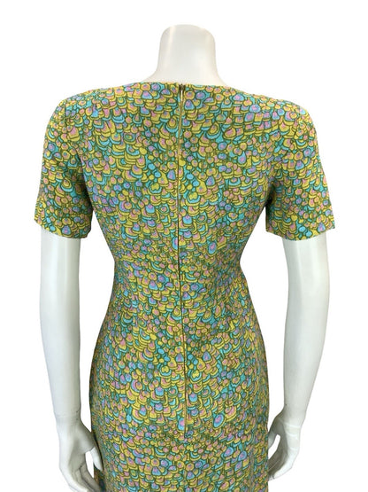 VTG 60S BLUE PINK YELLOW PSYCHEDELIC SCALES DOTTY SCOOP NECK MOD MINI DRESS 8