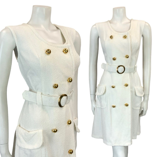 VTG 60S WHITE GOLD DOUBLE BREAST MOD GOGO TOWELLING BELTED DRESS 12