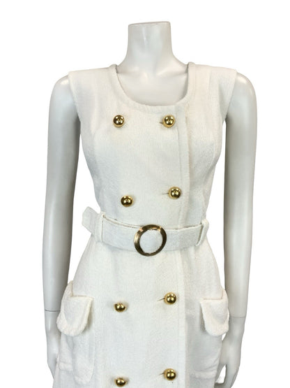VTG 60S WHITE GOLD DOUBLE BREAST MOD GOGO TOWELLING BELTED DRESS 12