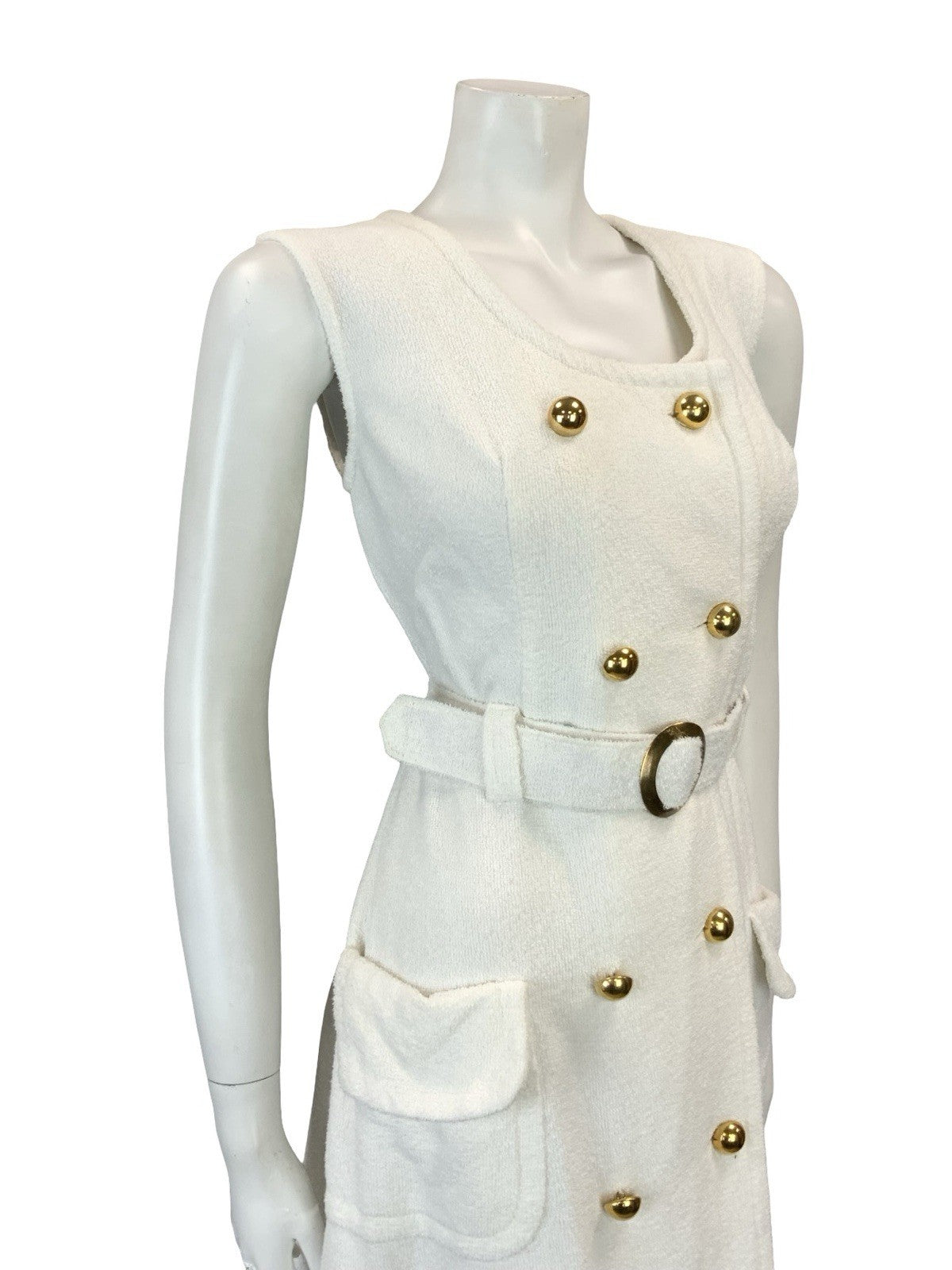 VTG 60S WHITE GOLD DOUBLE BREAST MOD GOGO TOWELLING BELTED DRESS 12
