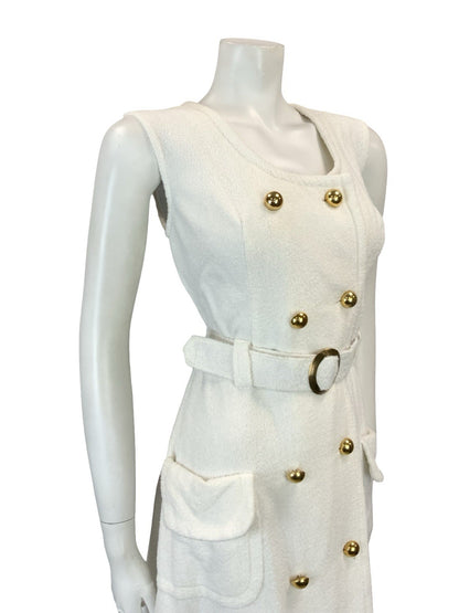 VTG 60S WHITE GOLD DOUBLE BREAST MOD GOGO TOWELLING BELTED DRESS 12