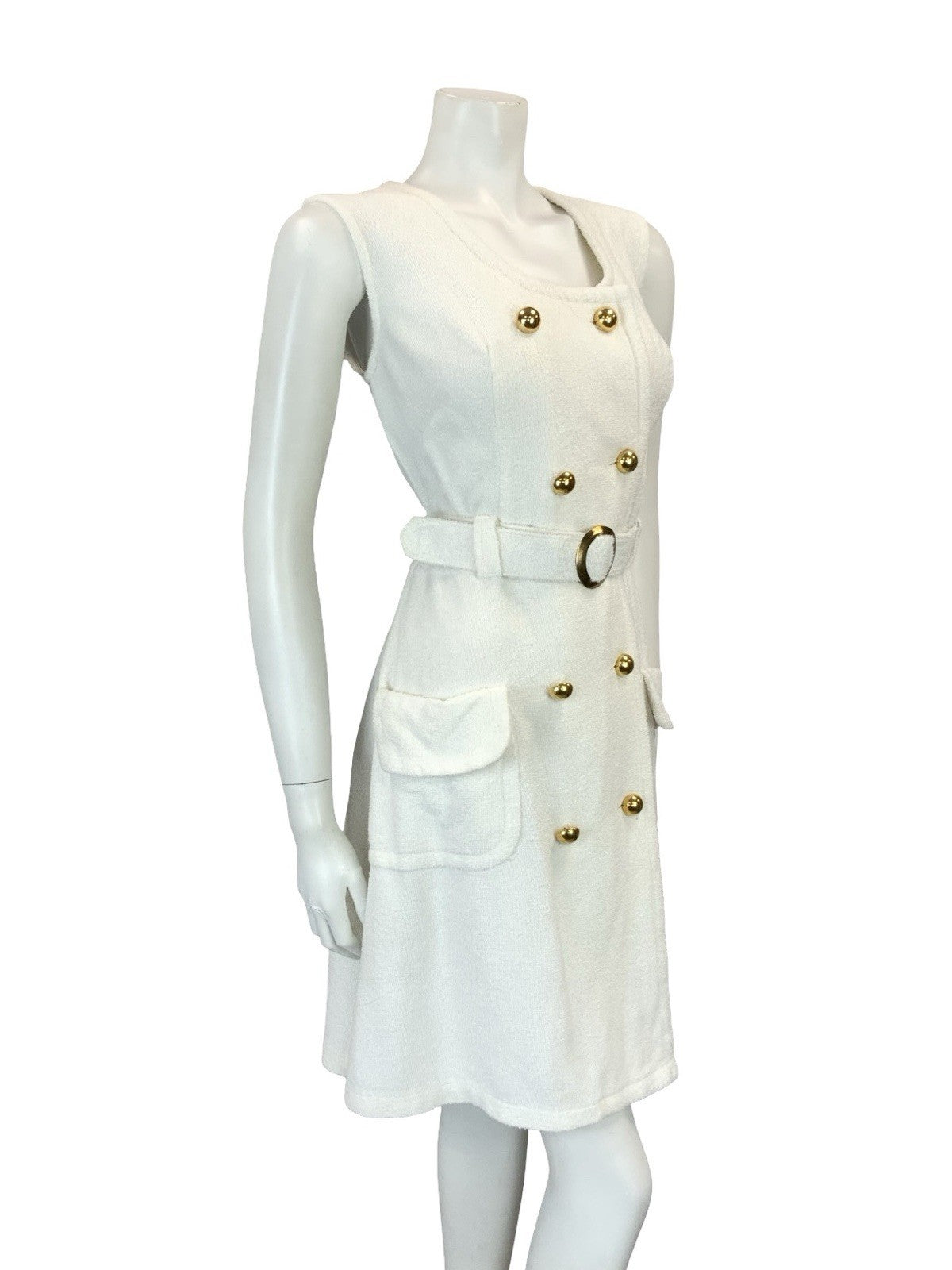 VTG 60S WHITE GOLD DOUBLE BREAST MOD GOGO TOWELLING BELTED DRESS 12