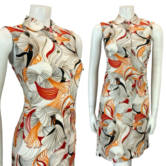 VTG 60S 70S WHITE ORANGE RED BLACK PSYCHEDELIC LINES STRIPE SHIRT DRESS 8 10 S