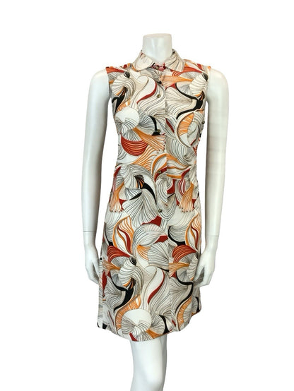 VTG 60S 70S WHITE ORANGE RED BLACK PSYCHEDELIC LINES STRIPE SHIRT DRESS 8 10 S