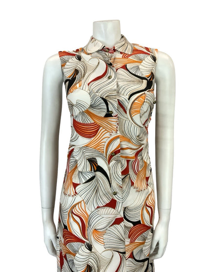 VTG 60S 70S WHITE ORANGE RED BLACK PSYCHEDELIC LINES STRIPE SHIRT DRESS 8 10 S