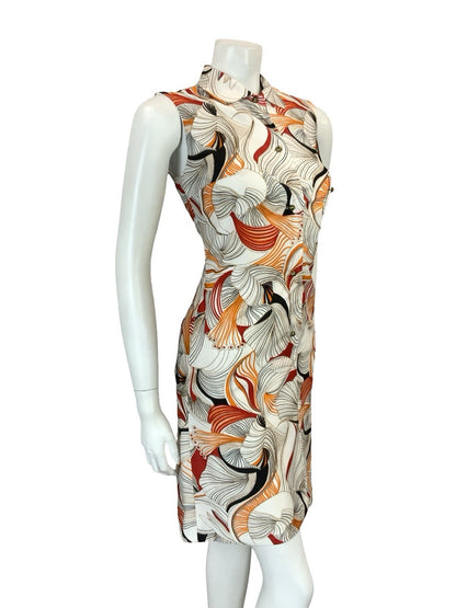 VTG 60S 70S WHITE ORANGE RED BLACK PSYCHEDELIC LINES STRIPE SHIRT DRESS 8 10 S