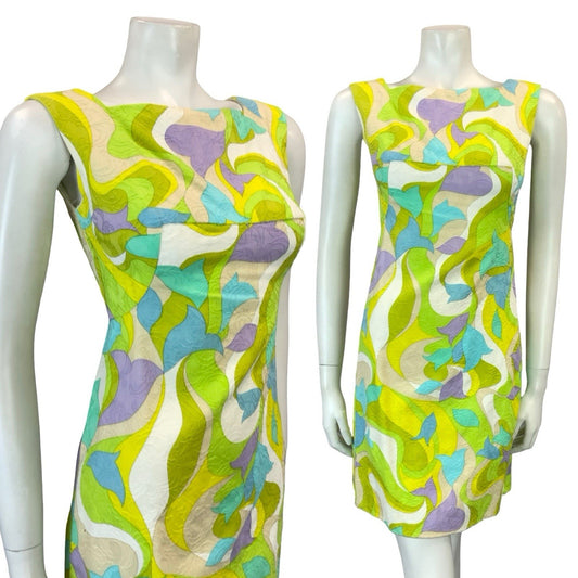 VTG 60S GREEN PURPLE BLUE WHITE PSYCHEDELIC MOD EMPIRE GOGO WIGGLE DRESS XS 6