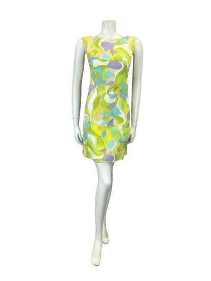 VTG 60S GREEN PURPLE BLUE WHITE PSYCHEDELIC MOD EMPIRE GOGO WIGGLE DRESS XS 6