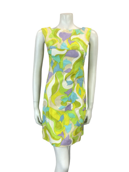 VTG 60S GREEN PURPLE BLUE WHITE PSYCHEDELIC MOD EMPIRE GOGO WIGGLE DRESS XS 6