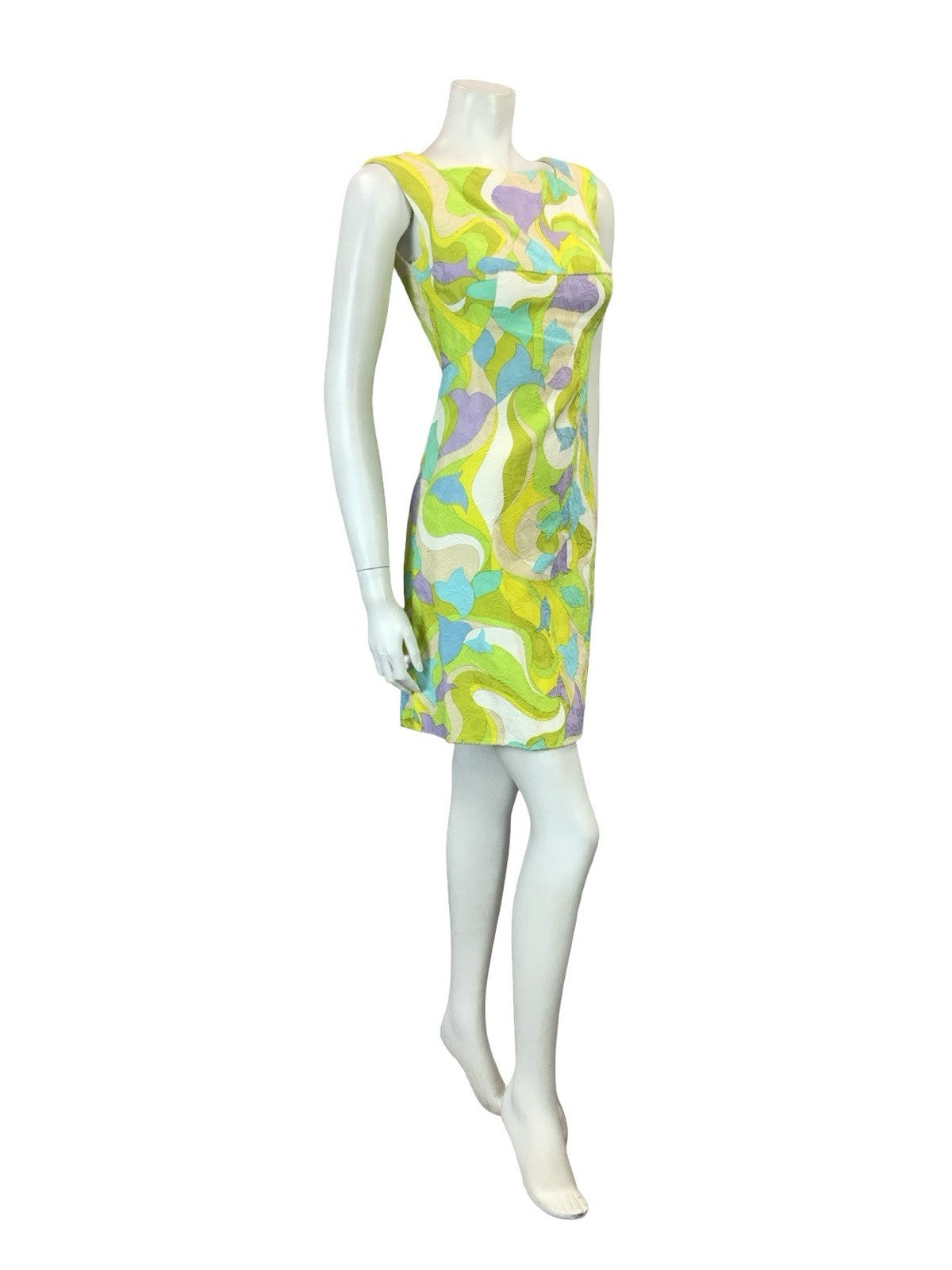 VTG 60S GREEN PURPLE BLUE WHITE PSYCHEDELIC MOD EMPIRE GOGO WIGGLE DRESS XS 6