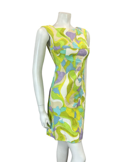 VTG 60S GREEN PURPLE BLUE WHITE PSYCHEDELIC MOD EMPIRE GOGO WIGGLE DRESS XS 6