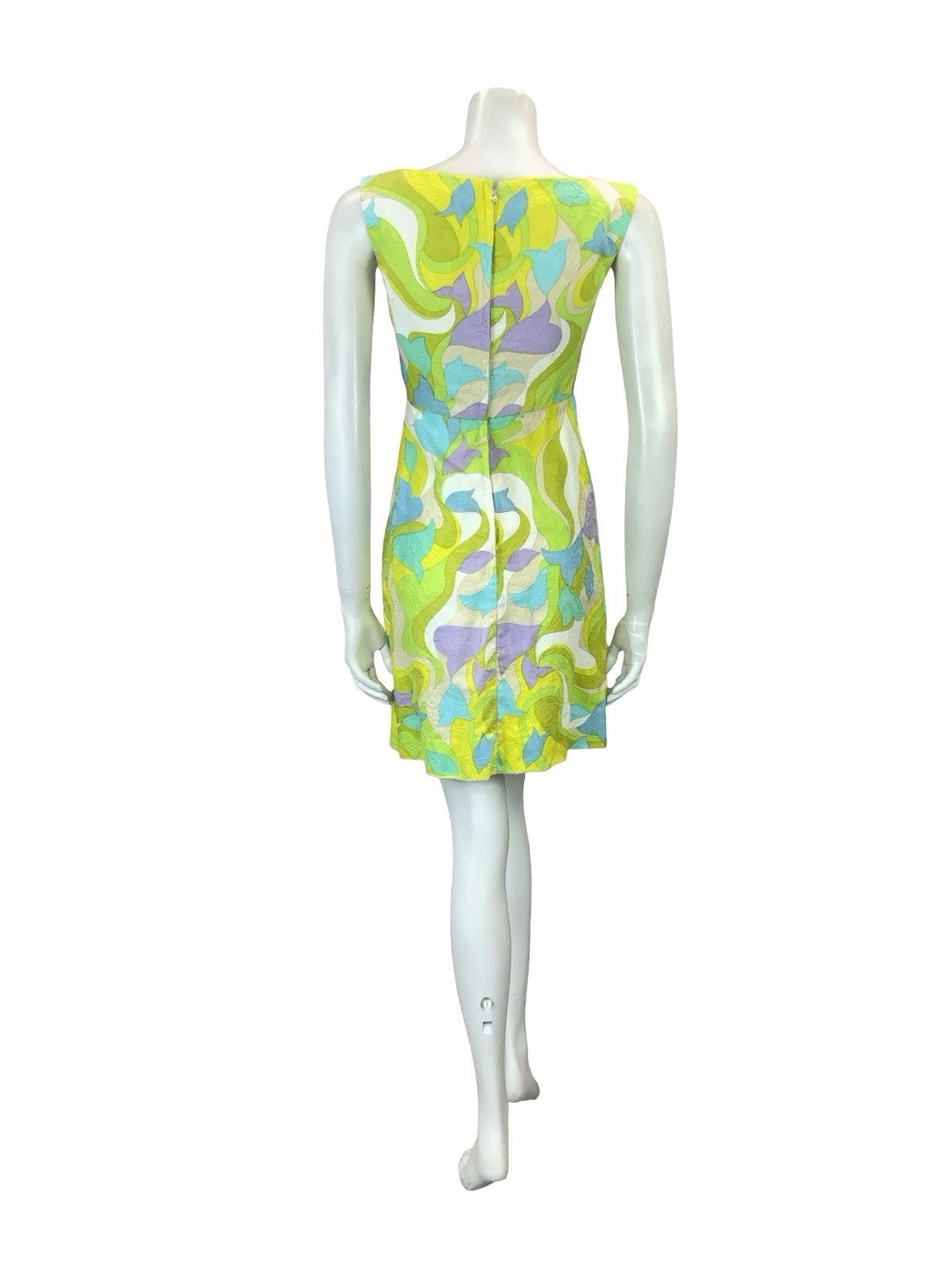 VTG 60S GREEN PURPLE BLUE WHITE PSYCHEDELIC MOD EMPIRE GOGO WIGGLE DRESS XS 6