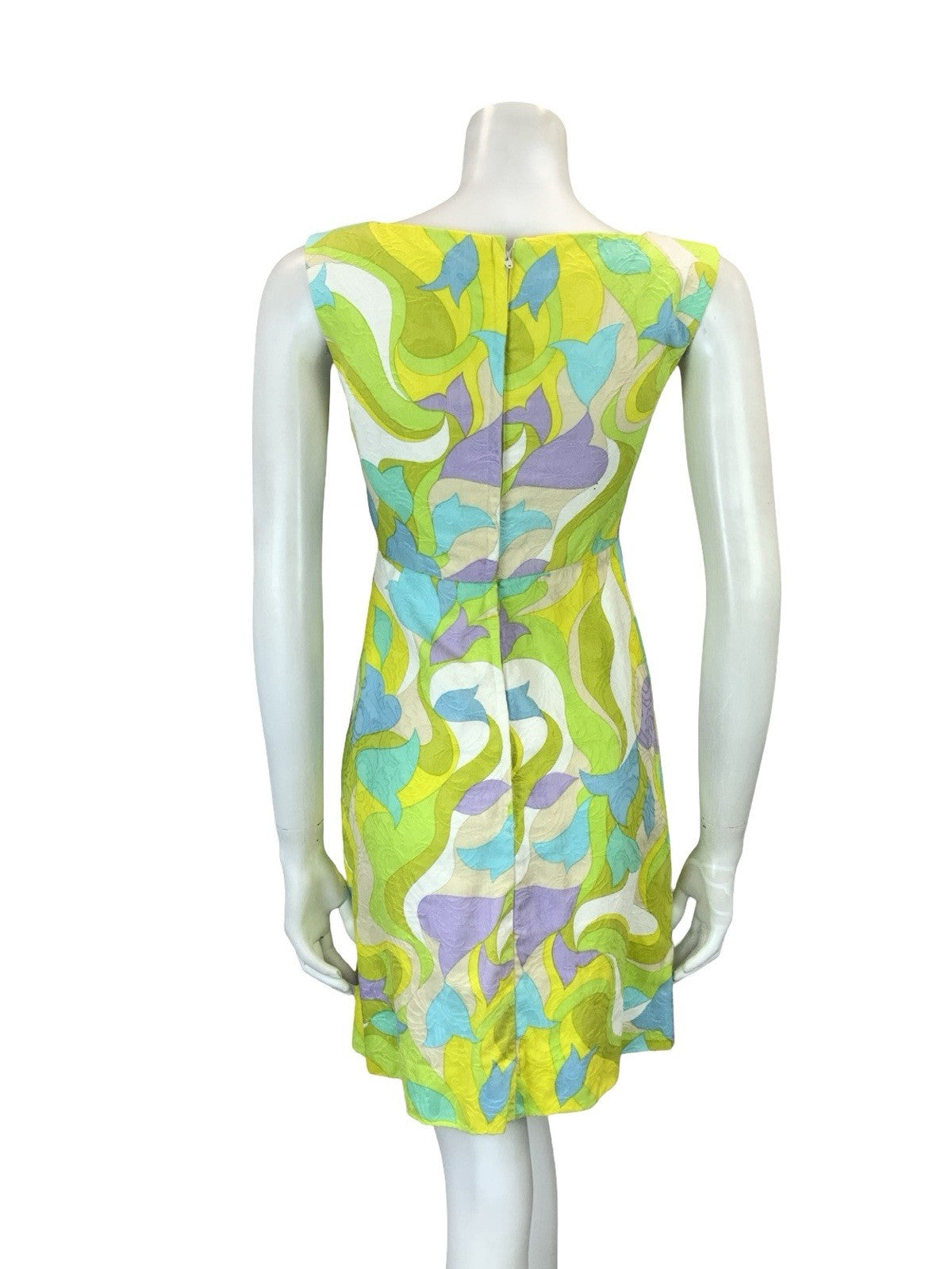 VTG 60S GREEN PURPLE BLUE WHITE PSYCHEDELIC MOD EMPIRE GOGO WIGGLE DRESS XS 6