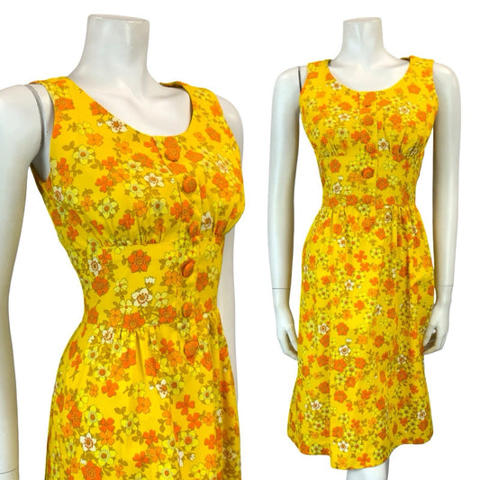 VTG 60S 70S YELLOW ORANGE WHITE RETRO FLORAL MOD SCOOP NECK MINI DRESS XS 6