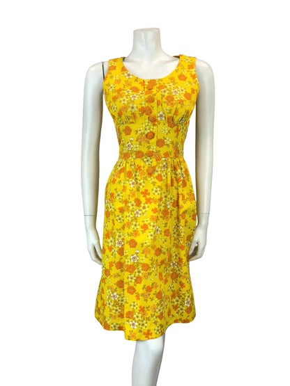 VTG 60S 70S YELLOW ORANGE WHITE RETRO FLORAL MOD SCOOP NECK MINI DRESS XS 6