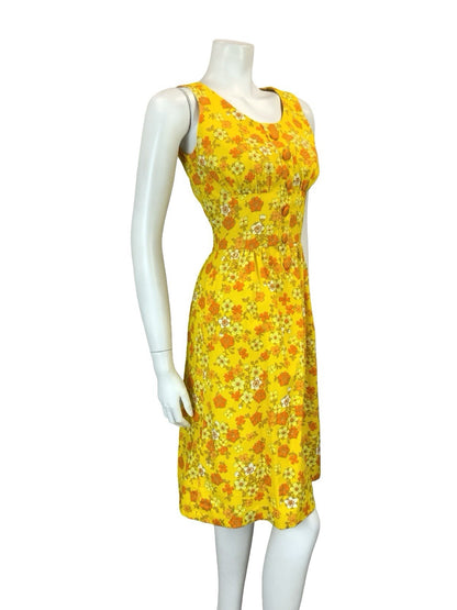 VTG 60S 70S YELLOW ORANGE WHITE RETRO FLORAL MOD SCOOP NECK MINI DRESS XS 6