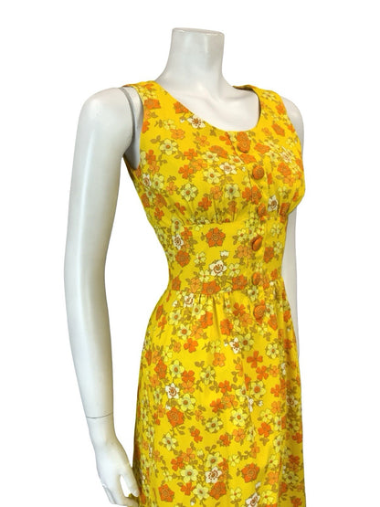 VTG 60S 70S YELLOW ORANGE WHITE RETRO FLORAL MOD SCOOP NECK MINI DRESS XS 6