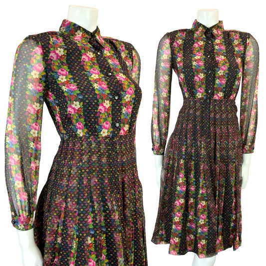 VTG 90s does 70S BLACK PINK BLUE GREEN FLORAL STRIPE PLEATED BOHO SHIRT DRESS 4