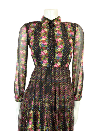 VTG 90s does 70S BLACK PINK BLUE GREEN FLORAL STRIPE PLEATED BOHO SHIRT DRESS 4
